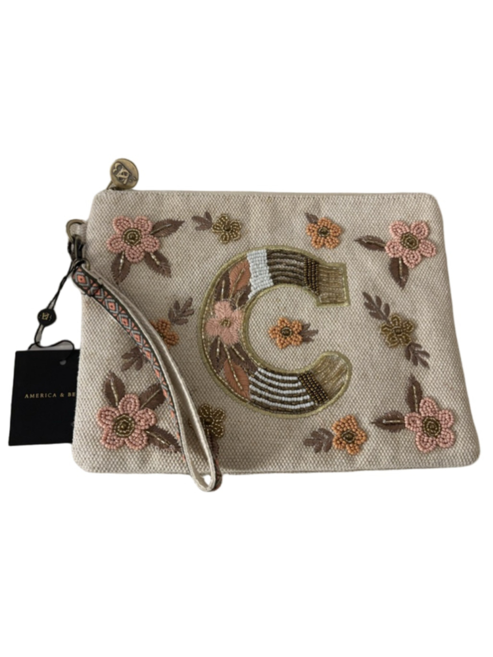 NWT Women's America & Beyond One Size Beige Pink Floral Beaded Clutch